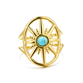 Round Turquoise Stainless Steel Jewelry 18k Pvd Plated Gold Rings for Women