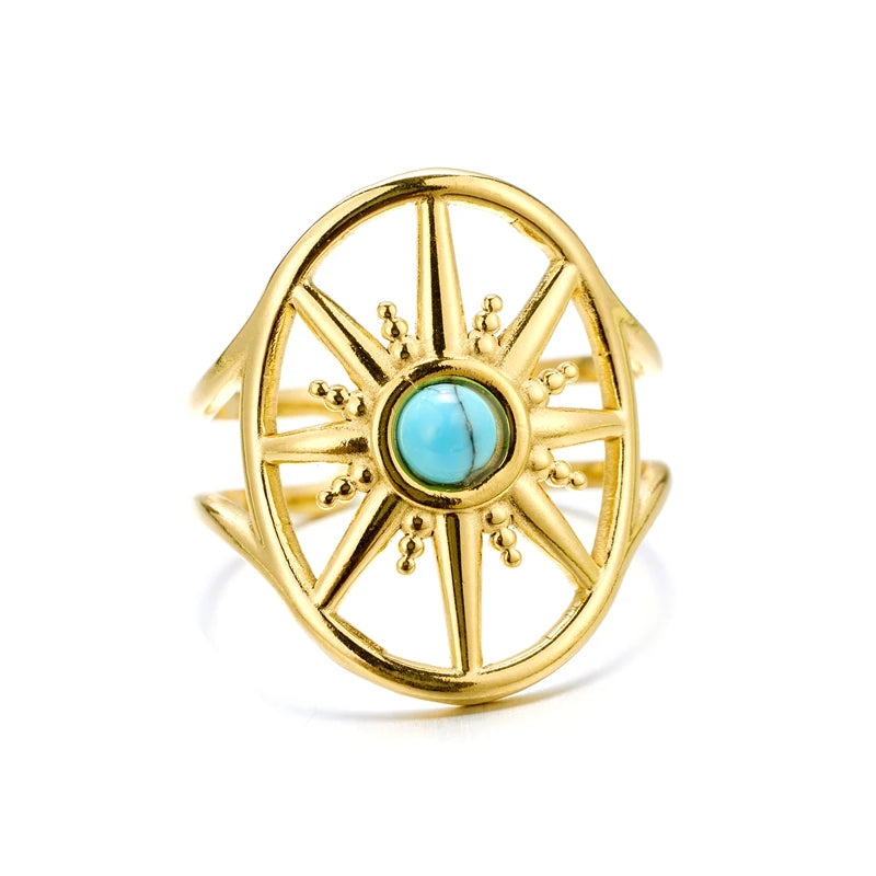 Round Turquoise Stainless Steel Jewelry 18k Pvd Plated Gold Rings for Women