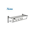 Wall Mounted Stainless Steel Double-Layer Folding Towel Rack with Multi-Hooks Space-Saving Bathroom Towel Bar for Hanging