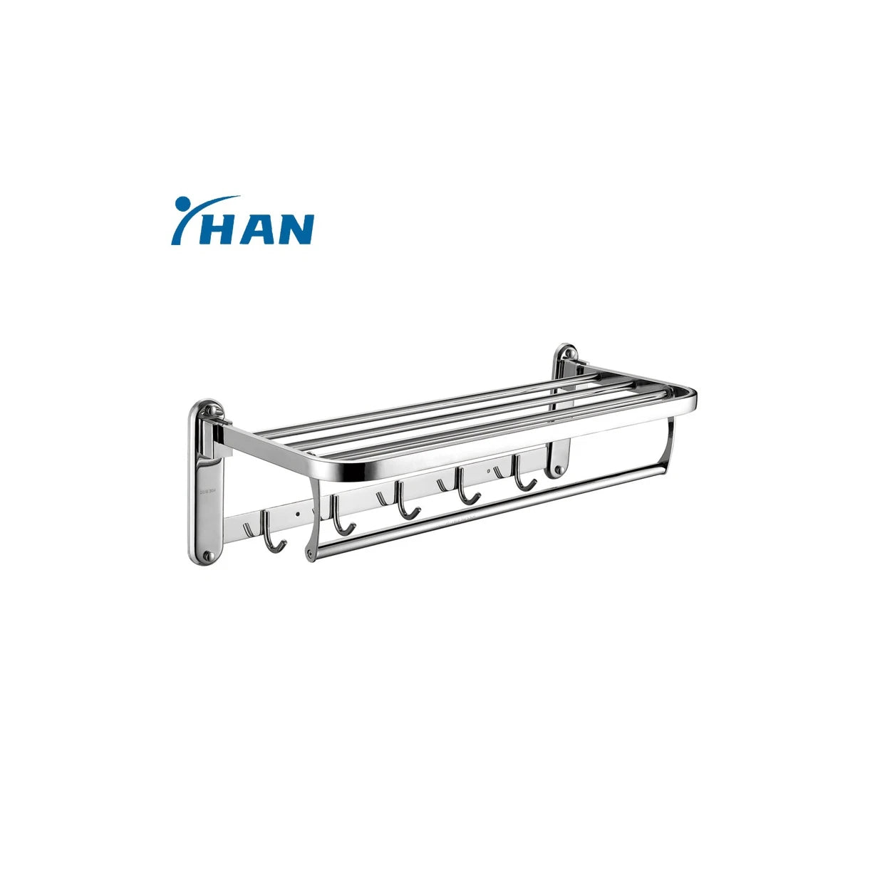 Wall Mounted Stainless Steel Double-Layer Folding Towel Rack with Multi-Hooks Space-Saving Bathroom Towel Bar for Hanging