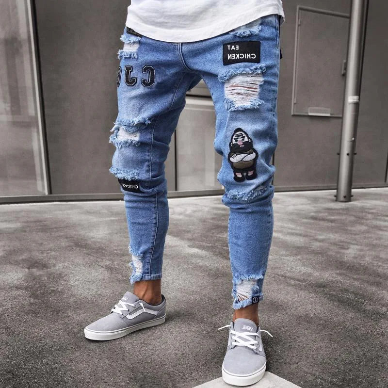 New Italy Style Men's Jeans Distressed Destroyed Badge Pants Art Patches Skinny Biker White Jeans Slim Trousers