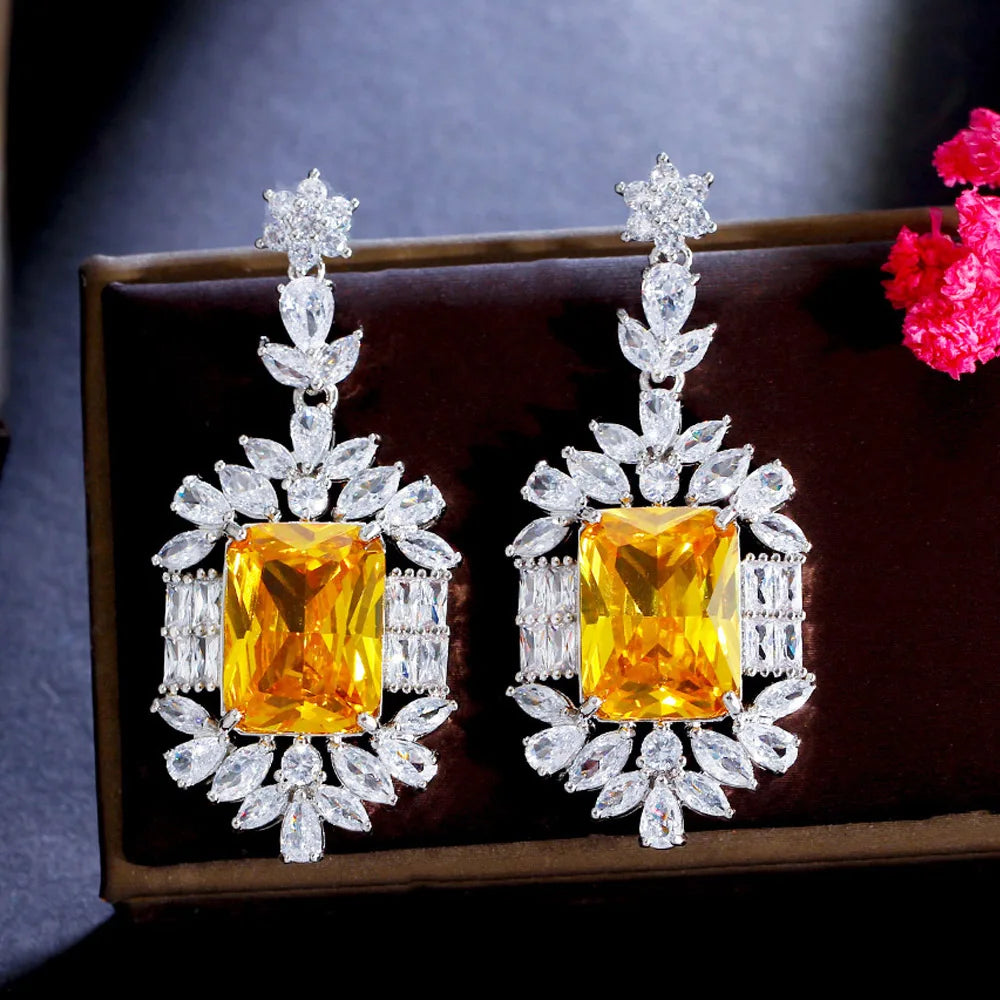Glittering Big Rectangle Yellow Cubic Zircon Crystal White Gold Plated Long Bridal Wedding Women Dangle Drop CZ Earrings Jewelry