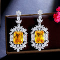 Glittering Big Rectangle Yellow Cubic Zircon Crystal White Gold Plated Long Bridal Wedding Women Dangle Drop CZ Earrings Jewelry