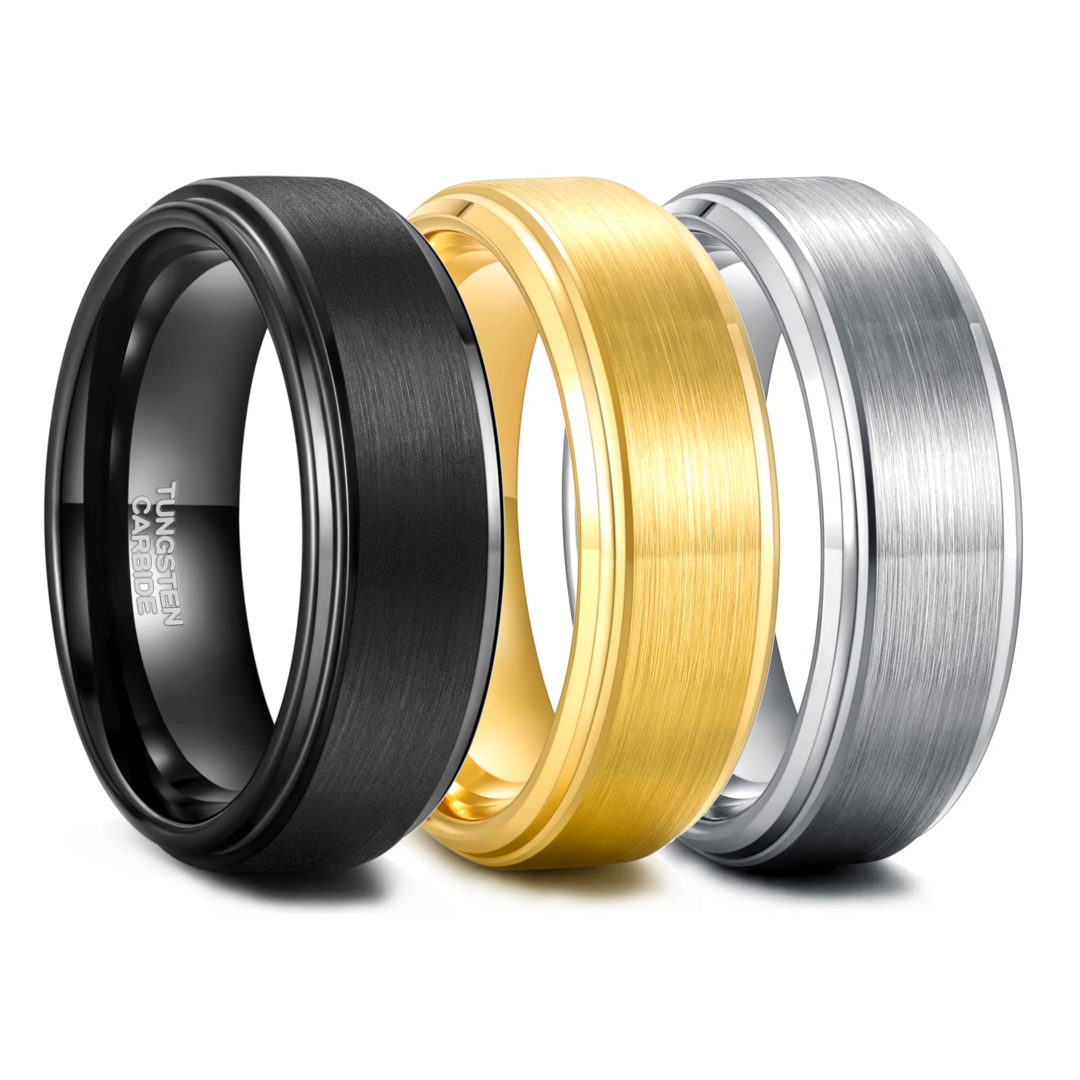 OAHLAN 8mm Tungsten Wedding Bands for Men Women Black/Silver/Gold Brushed Classic/Everlasting Style with Gold Plating
