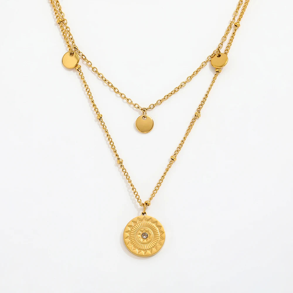 Fenny 18K PVD Plated Stylish Round Star Burst Zirconia Pendant Necklace Waterproof Stainless Steel Jewelry Wholesale