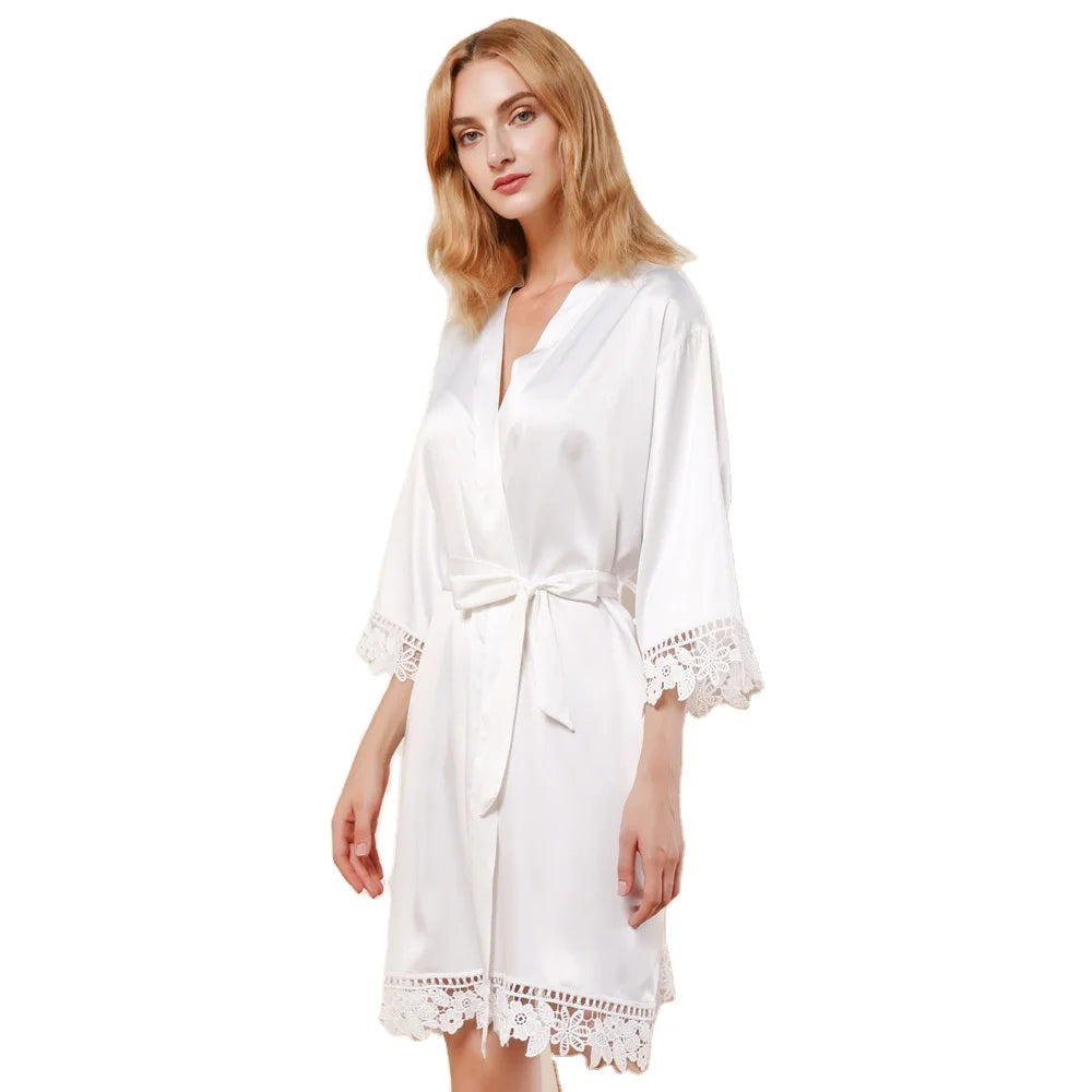 FUNG 3031 Hot Sales Sexy Lace Plus Size Sleep Gown Wedding Party Kimono Robes Nightgown Ice Silky Satin Pajamas