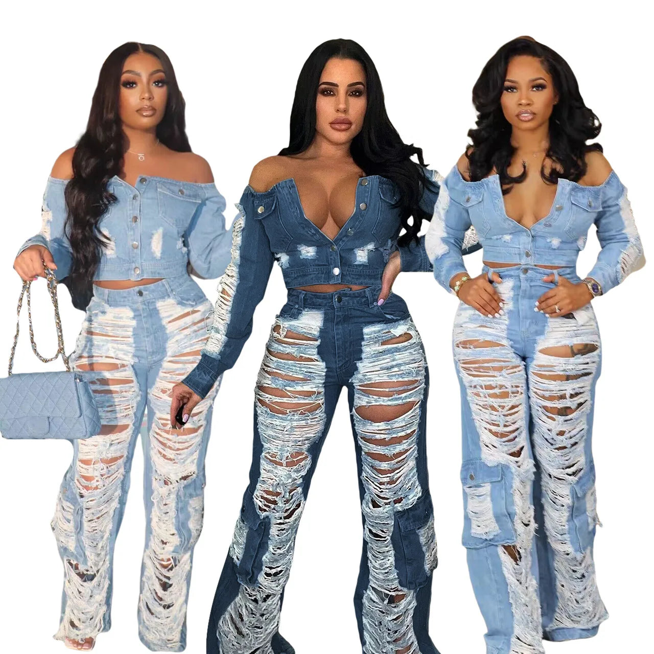New Style Pocket Jeans Solid Color Distressed Jeans Fashionable Casual Jeans Pants for Women