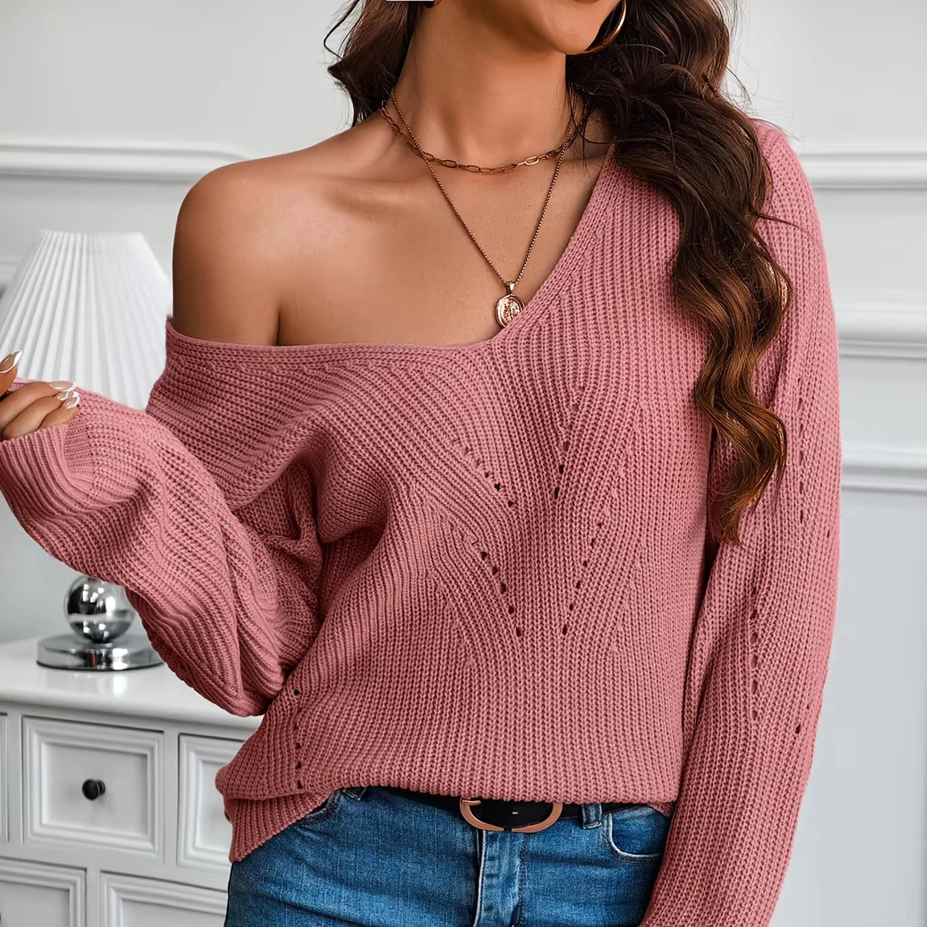 Cozy Women's V-Neck Batwing Sleeve Sweatshirt with Solid Button Back Popular Knitted Casual Sweater for Autumn Season