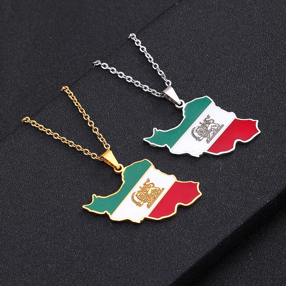 BINSHUO Wholesale Middle Eastern Jewelry Stainless Steel Gold Plated Colorful Oil Drop Enameled Iran Map Shaped Pendant Necklace