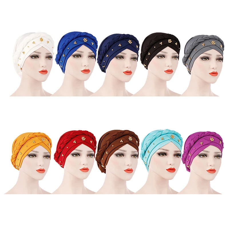 Pearl Crystal Solid Single Braid Beading Polyester Hijab Braid Knot Scarf Head Wrap Muslim Turbans Ladies Party Fashion Multiple