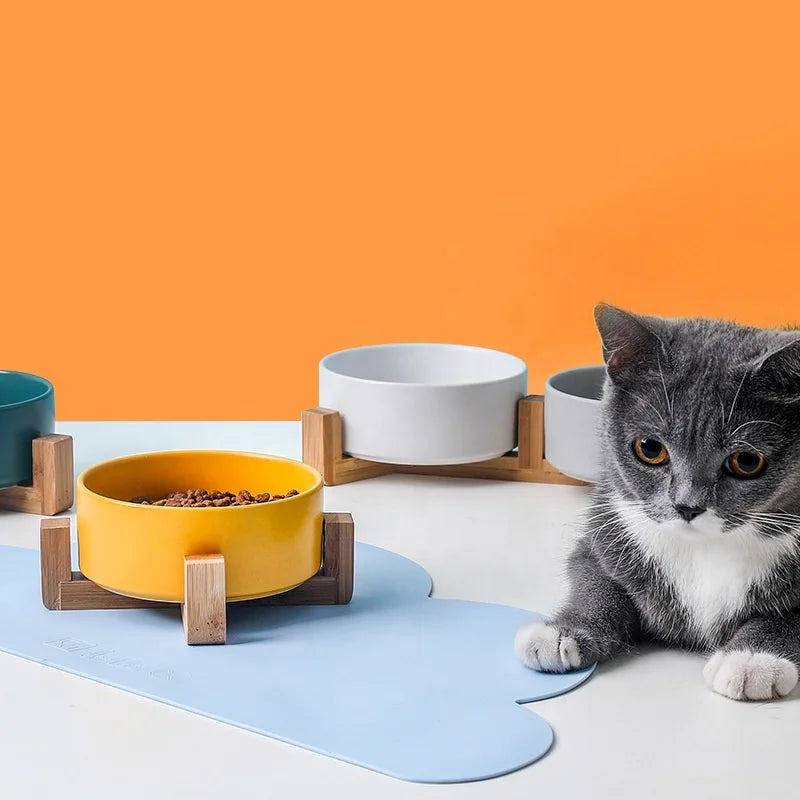 Cuenco Para Mascotas Wholesale Elevated Cat Food Bowl With Wood Stand Marble Ceramic Dog Bowls
