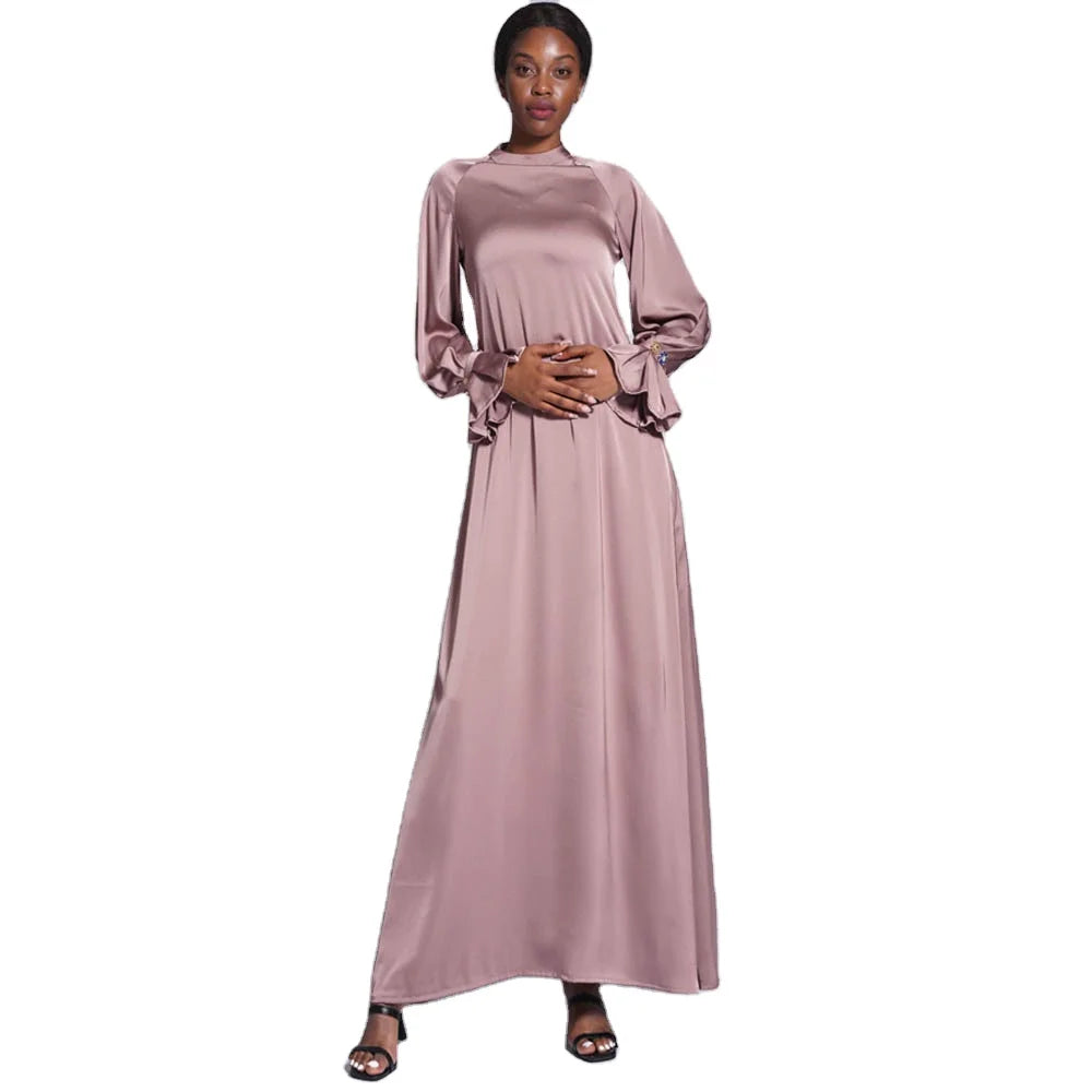 Pure Color Matt Satin Simple Long Style Sleeve Link Shoulder Flare Sleeve Rhinestone Decoration Abaya Dress Islamic Eid Dubai