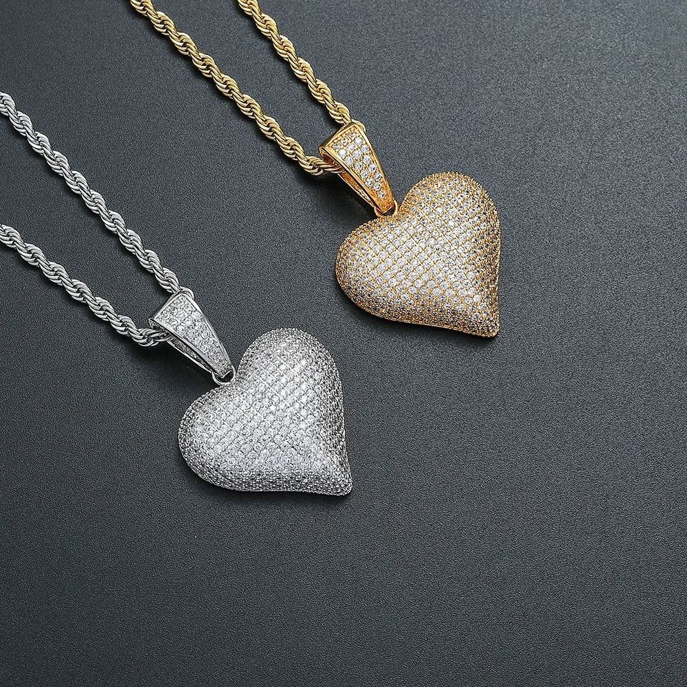 CN350 Brass Setting CZ Heart Pendants Hip Hop Necklace Bling Bling Jewelry