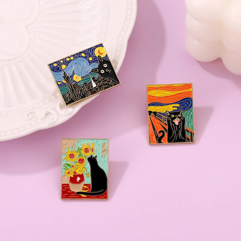 3 Styles Famous Oil Paintings Cat Brooches Custom Funny Animal Clothing School Bag Metal Pins Collection Soft Enamel Pins