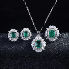 Dubai Luxury Full CZ Diamond Wedding Jewelry Sets Vintage Square Emerald Green Crystal Gemstone Necklace Earrings Ring Set Women