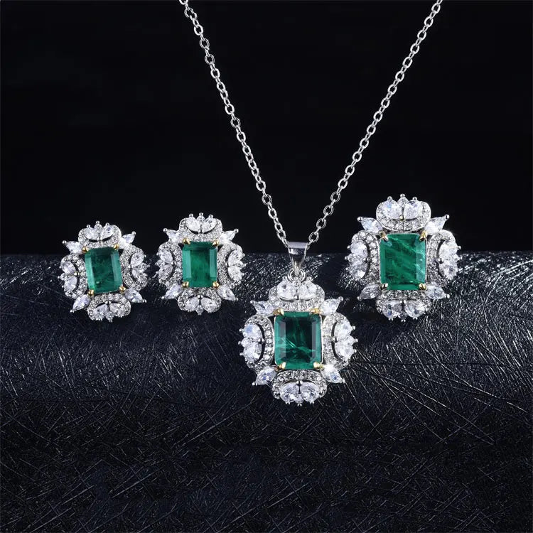 Dubai Luxury Full CZ Diamond Wedding Jewelry Sets Vintage Square Emerald Green Crystal Gemstone Necklace Earrings Ring Set Women