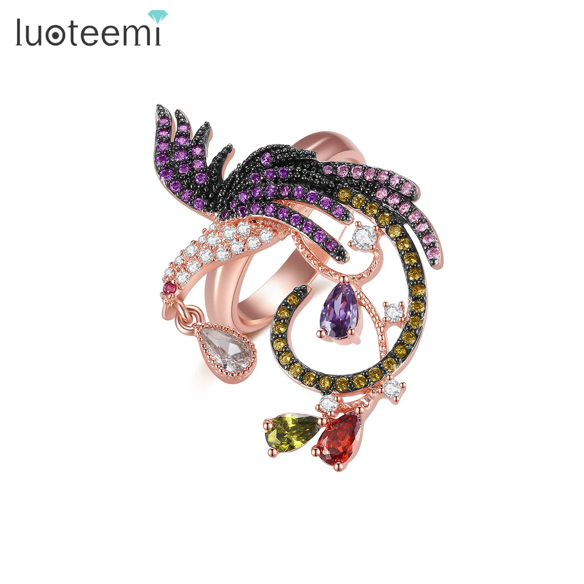 LUOTEEMI Wholesale Design Rose Gold Plated Women Multi CZ Prong Setting Phenix Animal Bird CZ Rings