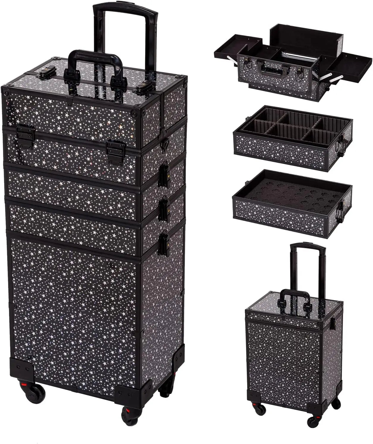 Professional 5-in-1 Rolling Makeup Trolley Case with Large Storage Open Closure Cosmetic Organizer in Fashion Style for Artists