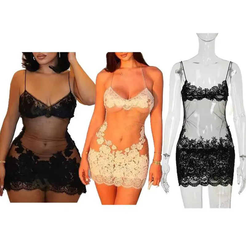 RNSHANGER Beach Style Women Sexy Transparent Lace Short Dress Summer Vacation Boho Chic Spaghetti Strap Mini Dress for Women