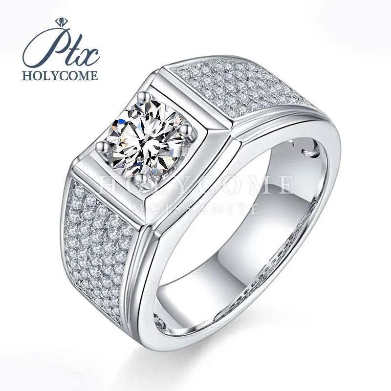 Holycome D White 6.5mm Round Brilliant Cut Engagement Moissanite Men 925 Silver Ring Classic with Certificate