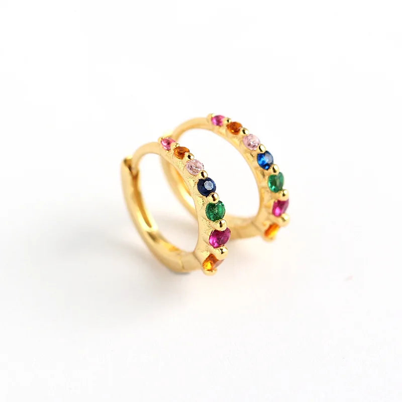 Rainbowking 925 French Sterling Silver Earrings 18K Gold Plated INS Minimalist Colorful Diamond Women's 18K Hoop Zircon Wedding