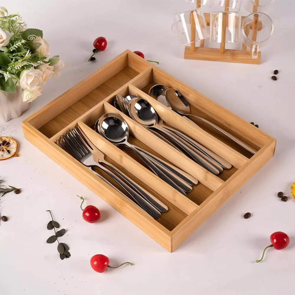 Bamboo Kitchen Drawer Organizer Silverware Utensil Tray Holder with Compartments for Cutlery