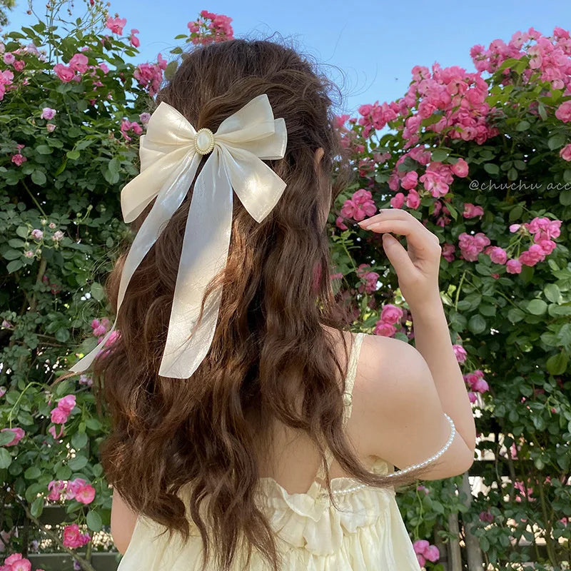Fashionable Women's Hair Accessories with Pearl Bow Trendy Fabric Hair Clips for Girls