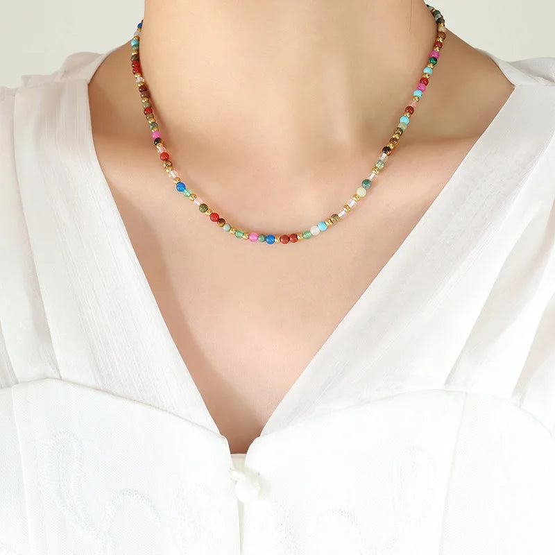 Hign Quality Unique Design Stainless Steel Natural Stone Bohemia Beads Choker Necklace for Women P1260