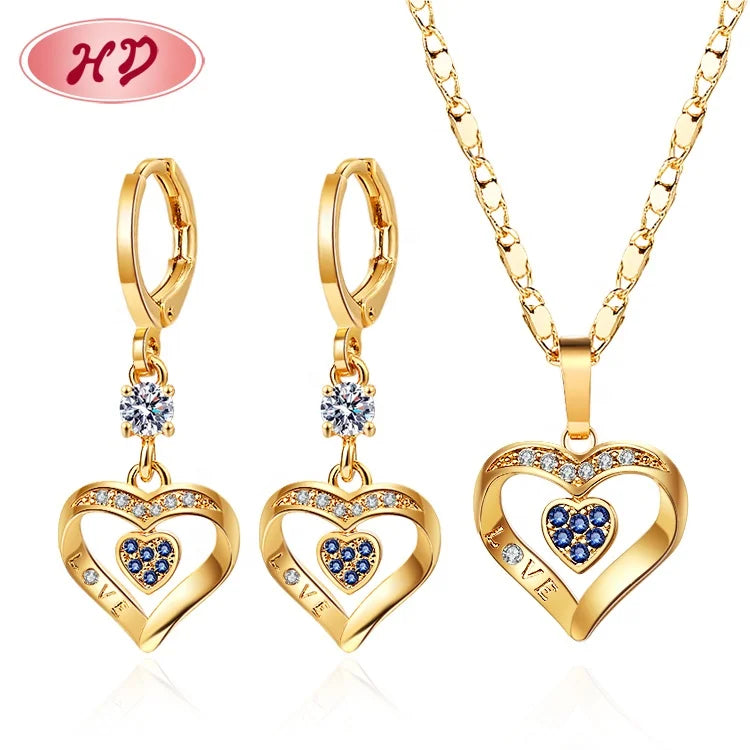 Fashion Jewellery Jewelry Sets 18k Gold Plated Heart Pendant Necklace and Earring Zirconia Sets Anniversary Mother's Day Gifts