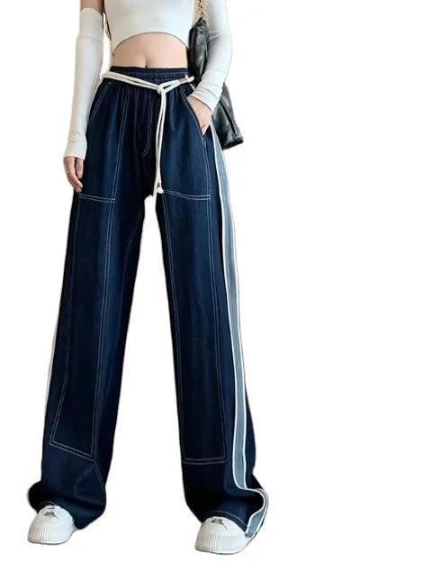 2024 Women's European and American Style Patchwork Design Sense Denim High Waisted Straight Leg Loose Casual Wide Leg Pants