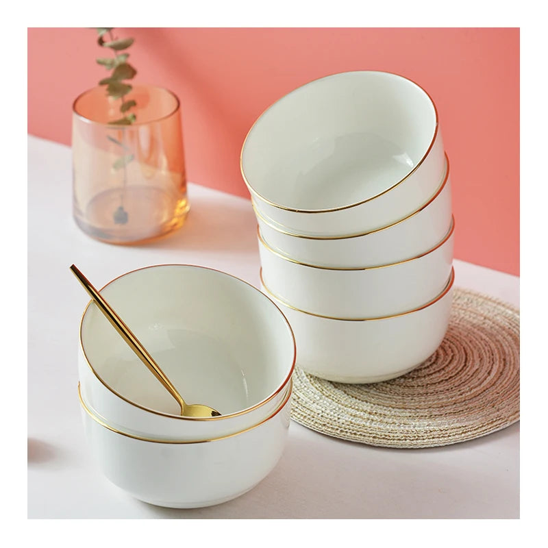 Customizable Logo Ceramic Decals Top Bone China Glazed White Gold Rim Round Shape Soup Bowl Salad Bowl for Restaurant