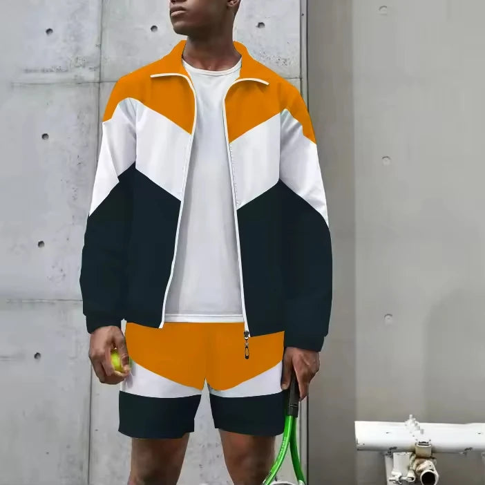 Men's Summer Sportswear Set Full Zipper Jacket Shorts Sweatshirt with Color Stitching a Convenient Tracksuit