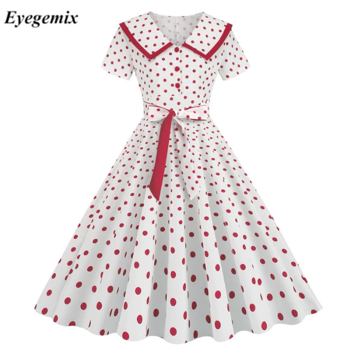 Turn-Down Collar Vintage Polka Dot Dresses for Women Summer 50s 60s Elegant Buttons Short Sleeve Midi Party Dress