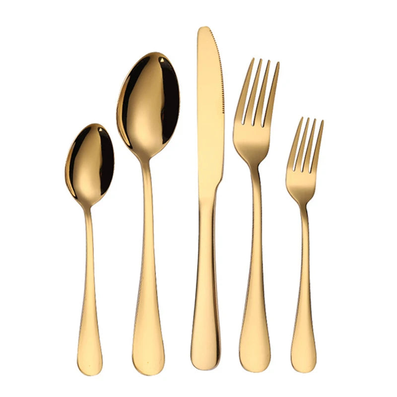 Stainless Steel Western Dining Tableware Set Steak Knife and Fork Hotel Tableware Golden Steel Knife and Fork Spoon 5pcs Set