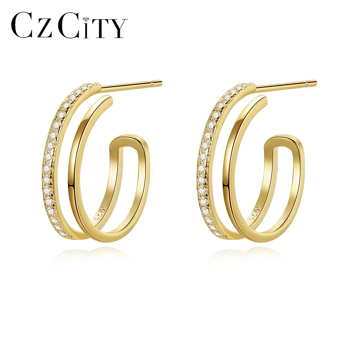 CZCITY Fashion 925 Sterling Silver Hoop Earrings Gold Plated Zirconia Minimalist Jewelry for Women Trendy Silver Cuff Huggie