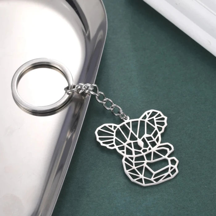Hollow Style Origami Geometric Vintage Cartoon Stainless Steel Koala Shaped Pendant Keychain for Men Women Bag Car Use