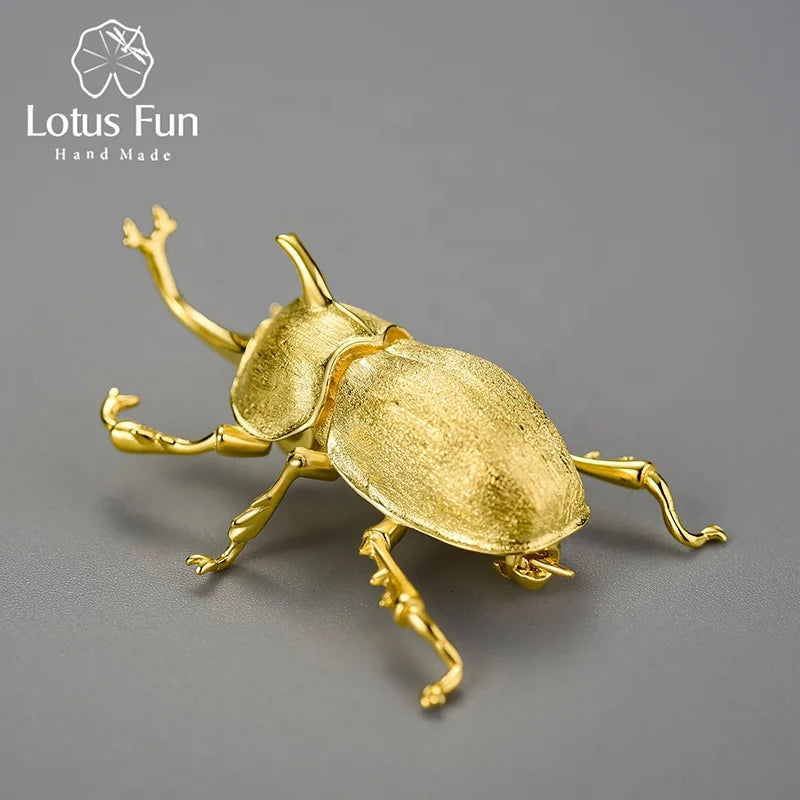 Lotus Fun Lotus Fun Real 925 Sterling Silver 18K Gold Trypoxylus Dichotomus Broches Pins Brooches Fine Jewelry for Women
