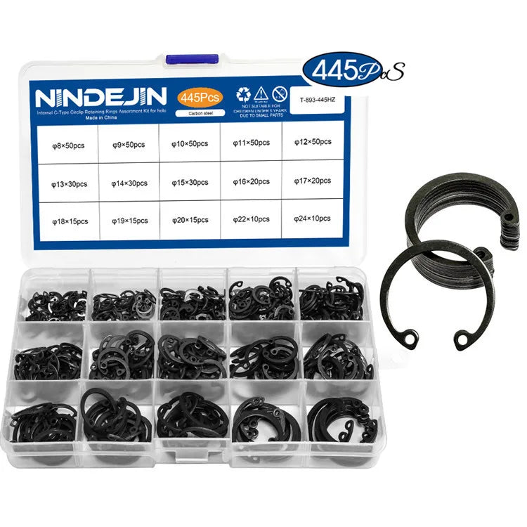 445PCS Black Carbon Steel Split Circlip Snap Rings Set C Type Internal Retaining GB Standard for Hole NINDEJIN T-893-445HZ