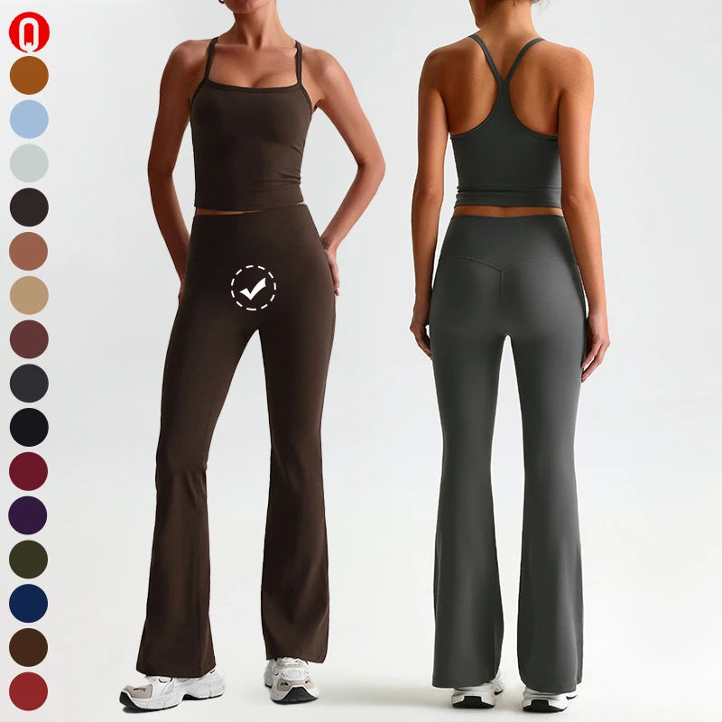 Hot Sale 2 Piece Sportswear Yoga Flared Leggings Suit Customize Workout Tank Top Active Wear Sets for Women