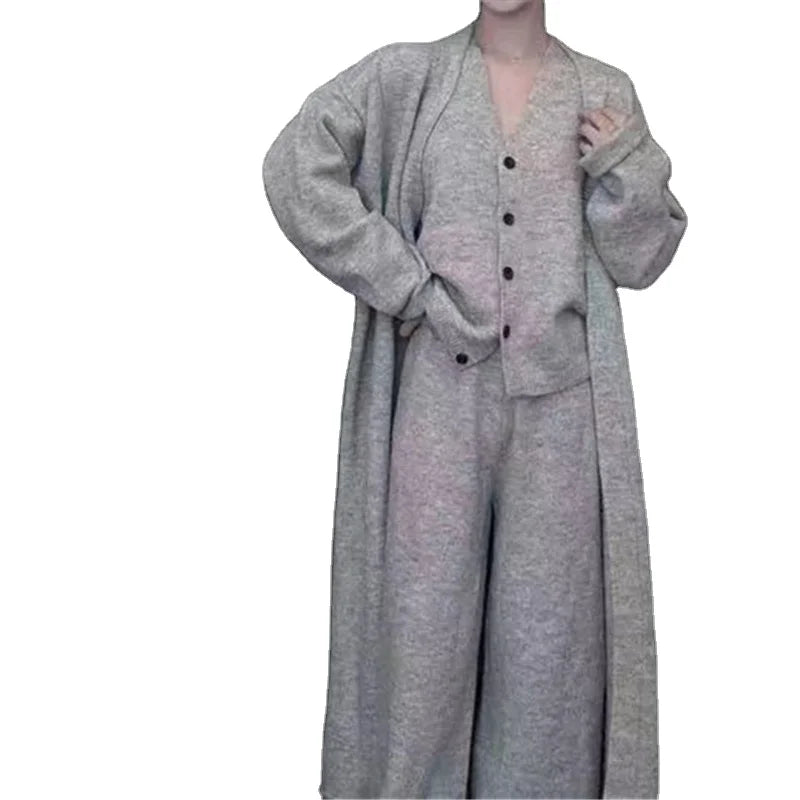 Wholesale 2026 Autumn New Fashion Casual Solid Color Loose Knitted Cardigan With Pants and Vest Three Piece Women's Set