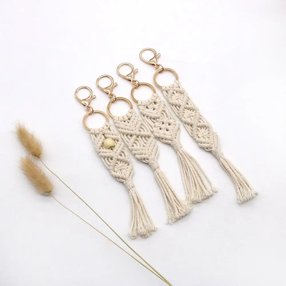 Handcrafted White Macrame Keychain Cotton Rope Braided Tassel Keyring Car Key Holder Bag Charm Accessories Stylish Car Key