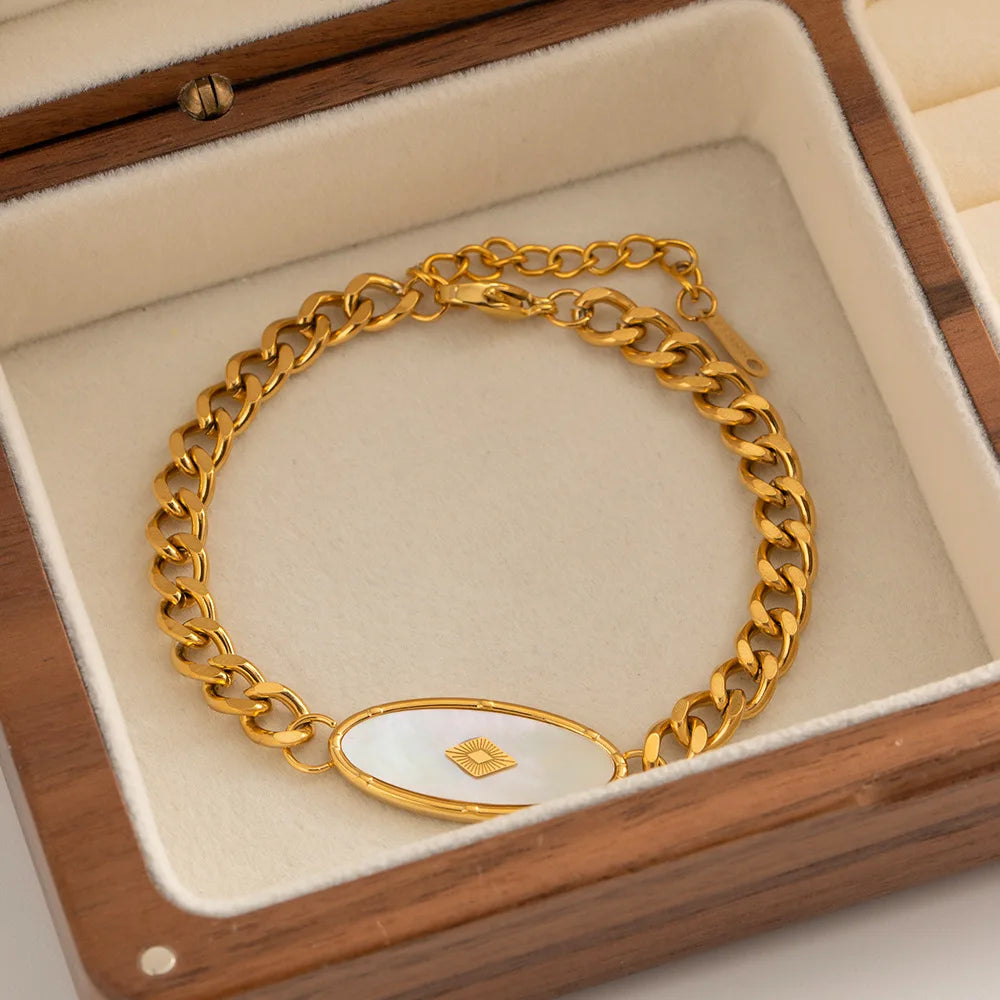 Ins Style Fashion Personality Niche Natural White Shell Bangle Waterproof Titanium Steel Plated 18K Gold Bracelet Jewelry