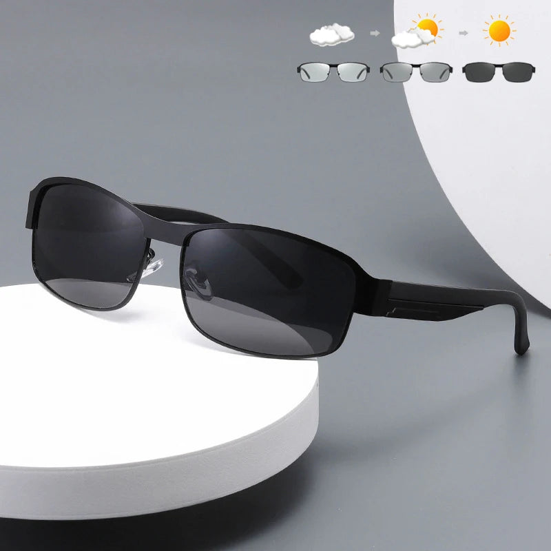 New Retro Rectangle Photochromic Sunglasses for Men Gold Drivers Driving Glasses with Polarized Metal Shades for Outdoor Riding