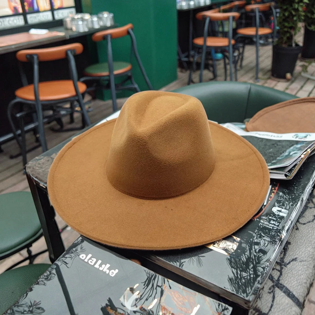 HOT SALE Fake Wool Panama Hat 9.5cm Big Fedoras Wide Brim Fedora Hat for Women Men Spring  Autumn Winter Fashion Dress