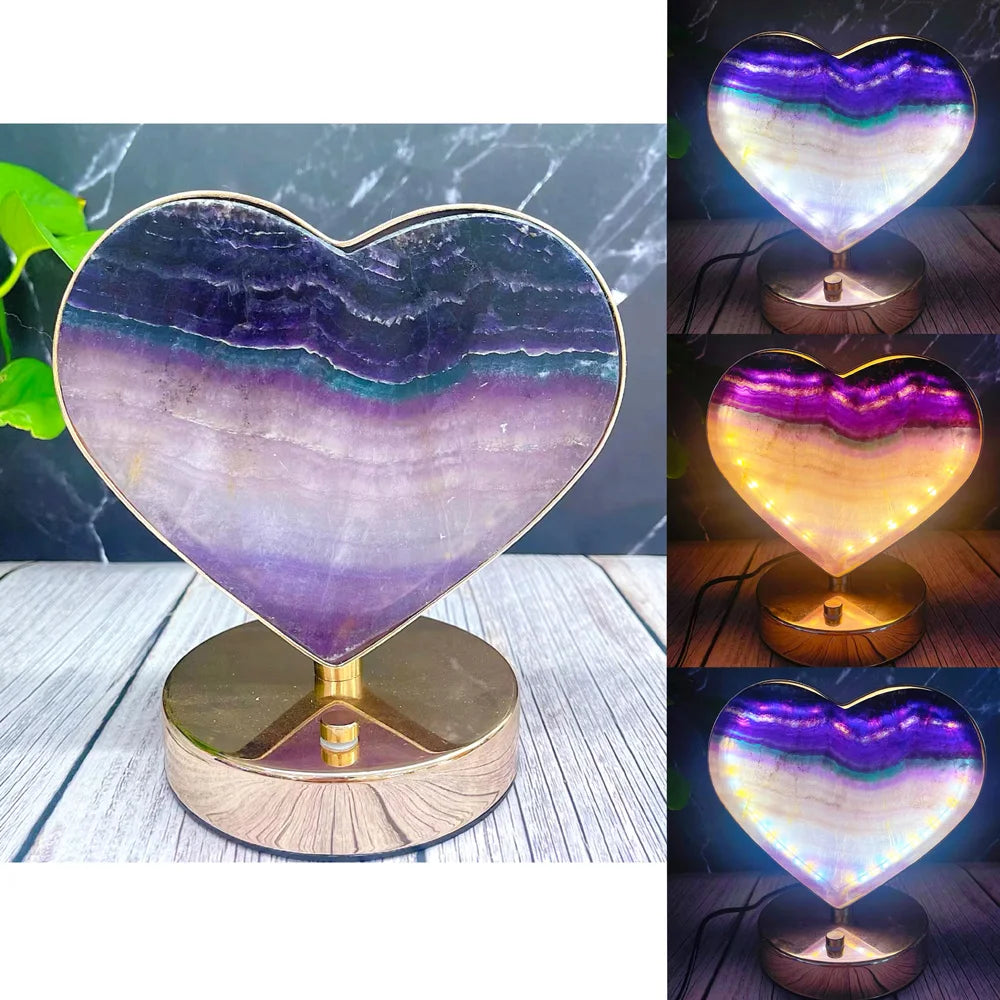 Fluorite Heart Night LED Lamp Crystals Wholesale Bulk Healing Stones Gemstone Spiritual Products Meditation for Chakra Ornaments