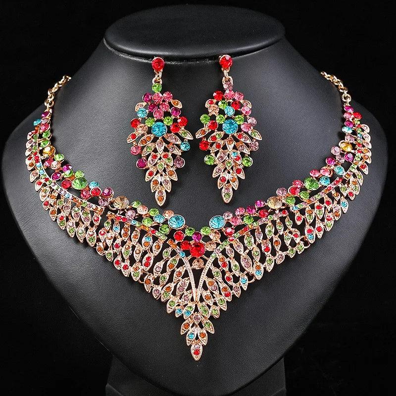 Exaggerated Crystal Dinner Party Luxury Wedding Colorful Alloy Earrings Necklace Jewelry Sets