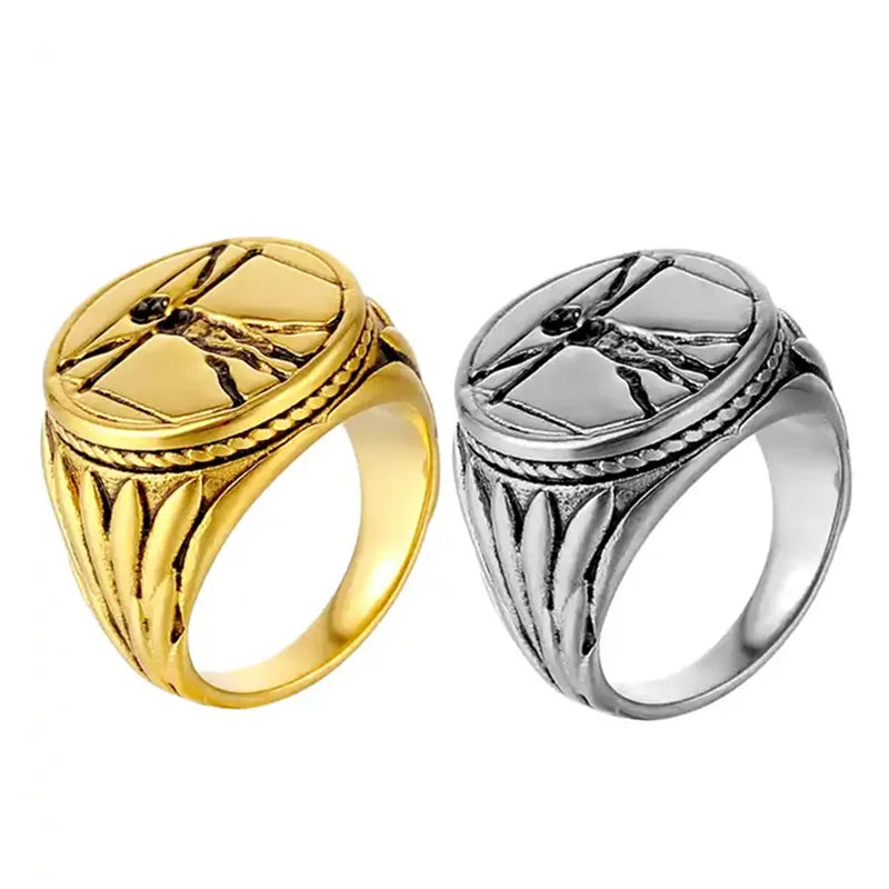 Waterproof Vitruvian Signet Ring 18K Gold Plated Women Men Stainless Steel Catholic Round Medal St Christopher Ring