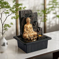 Golden Buddha Waterfall Fountain with LED Light Zen Meditation Desktop Water FeatureLotus Base and Flowing Water Sound Therapy