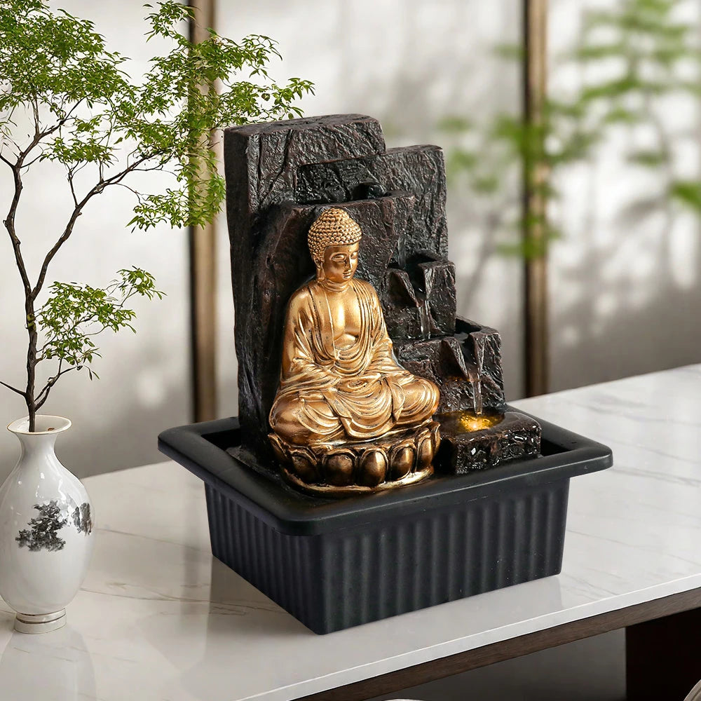 Golden Buddha Waterfall Fountain with LED Light Zen Meditation Desktop Water FeatureLotus Base and Flowing Water Sound Therapy