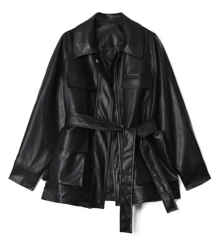 XS-L Leather Jacket Spring New Motorcycle Jacket Medium Length Vintage Loose Coat